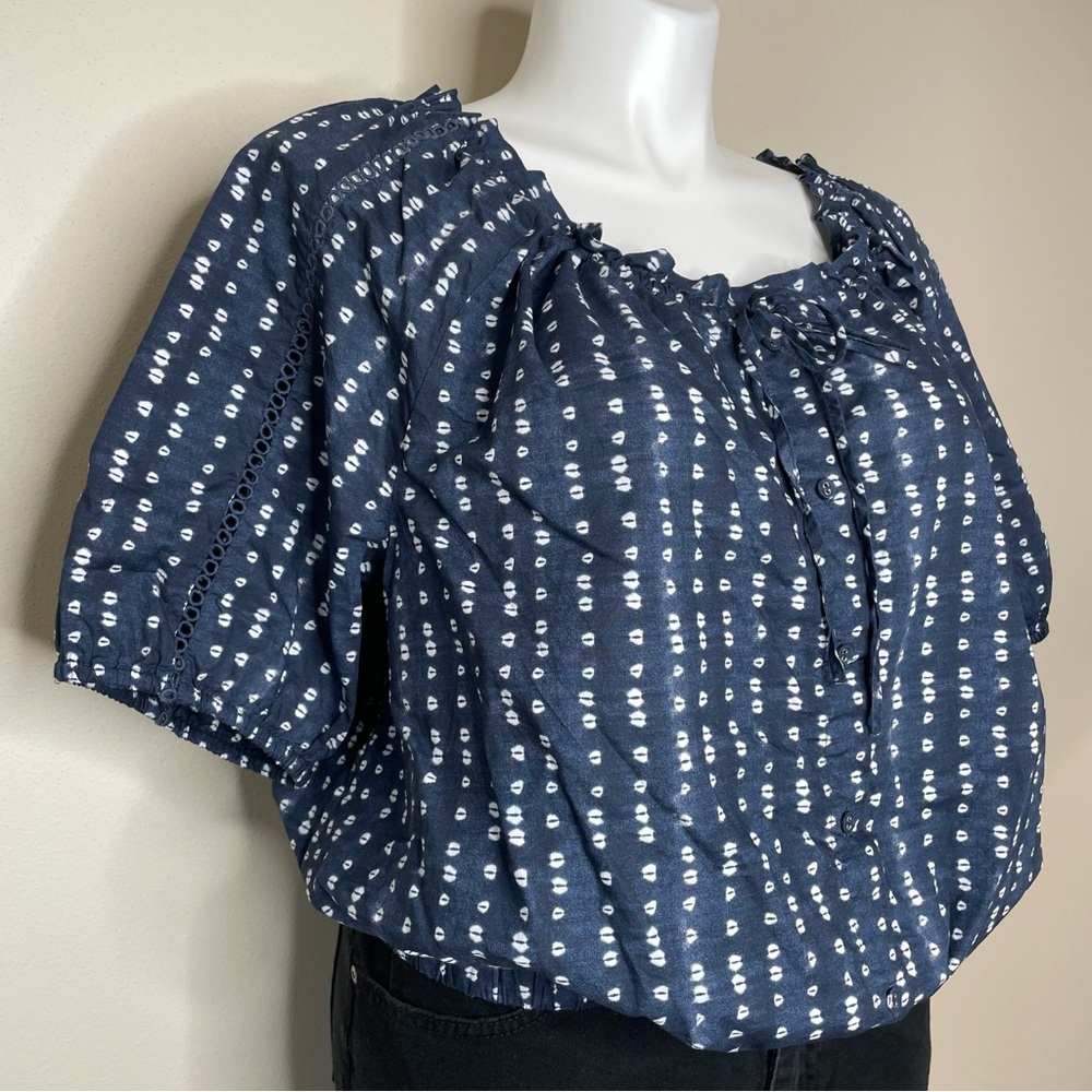 Lane Bryant Navy Blue and White Cotton Puff Sleeve Peasant Blouse - Picture 2 of 11